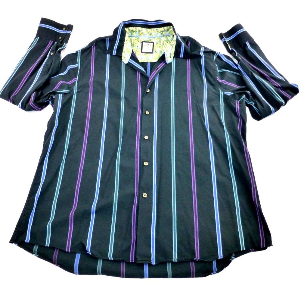J. Garcia Mens XL Button Up Shirt Vertical Striped‎ Flip Cuff Black 50P5201